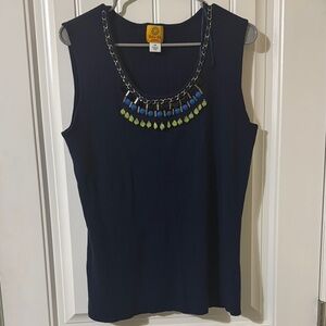 Ruby Rd. Navy Tank Top with Chain Necklace Detail